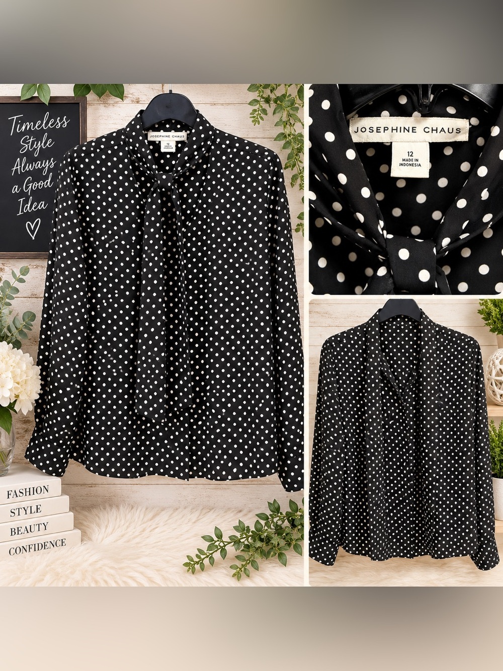 🖤 Josephine Chaus Polka Dot Tie-Neck Blouse – Size 12 Preloved